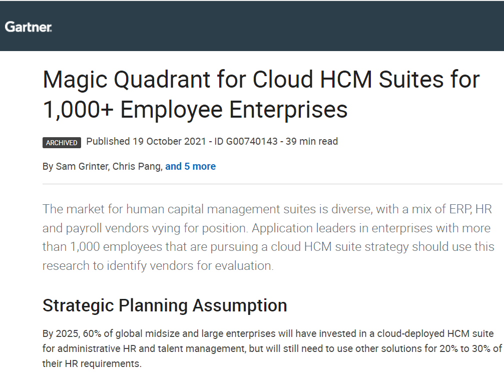 2022 Gartner Magic Quadrant For Cloud HCM Suites For 1000 Plus Employee